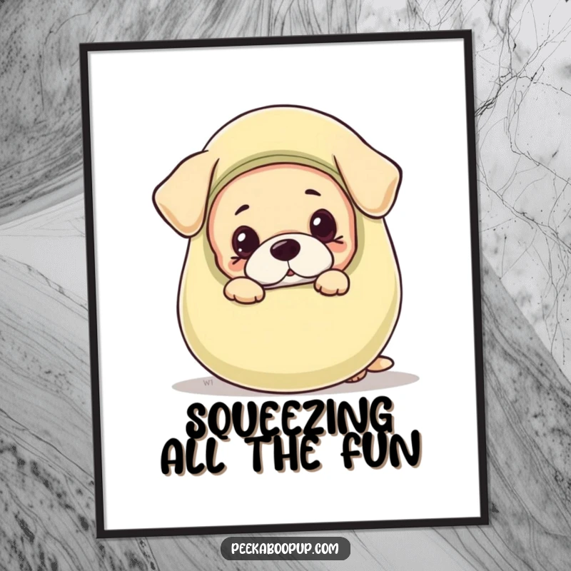 Funny Free Printable Wall Art of a cute puppy peeking out mischievously from behind a comically large squeaky toy.