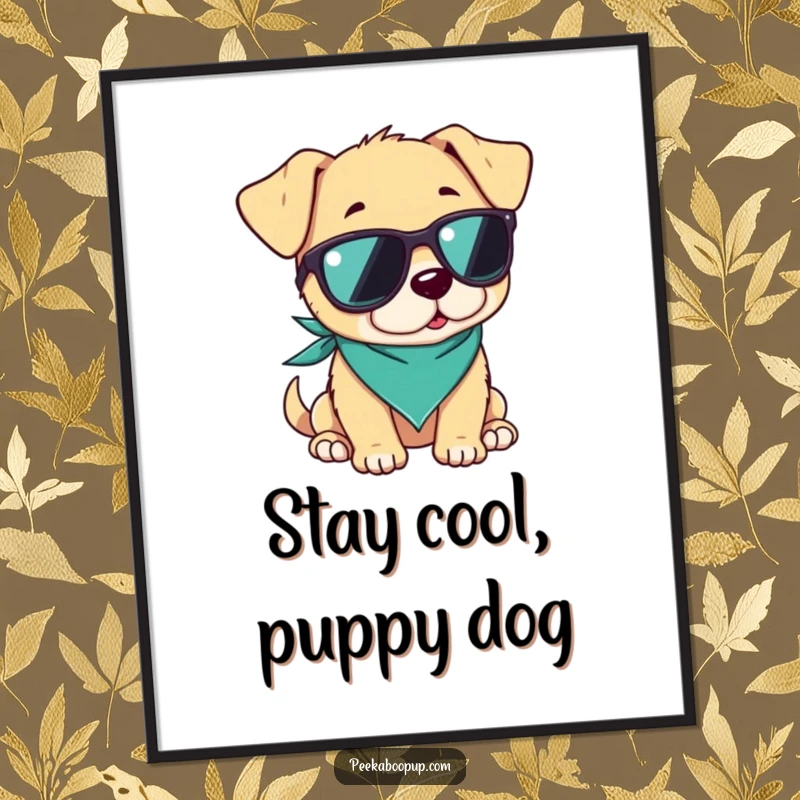 Funny Free Printable Wall Art: A puppy sporting sunglasses and a bandana, looking incredibly cool and relaxed in a stylish pose.