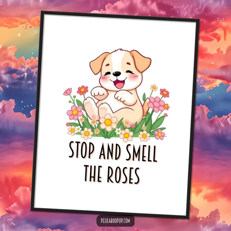 Funny Free Printable Wall Art: A happy puppy joyfully rolls amidst a patch of vibrant, whimsical cartoon flowers.