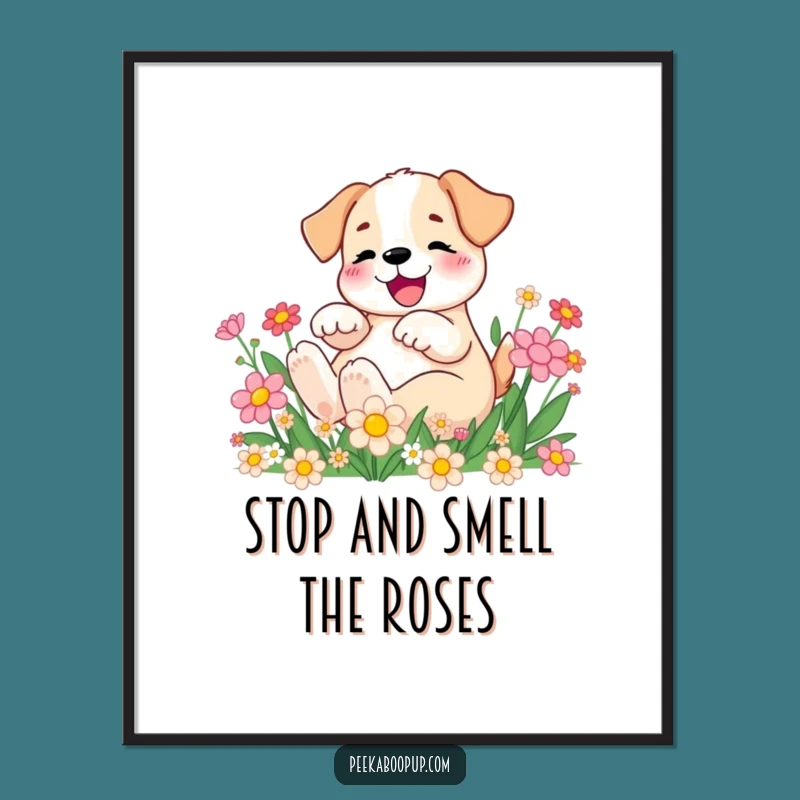 Free Printable Wall Art: Joyful Puppy in Flowers, Cheerful Downloadable Decor