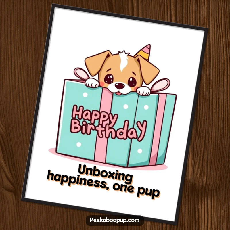 Funny Free Printable Wall Art: An adorable puppy playfully peeking out from a large, decorated birthday gift box with a happy face.