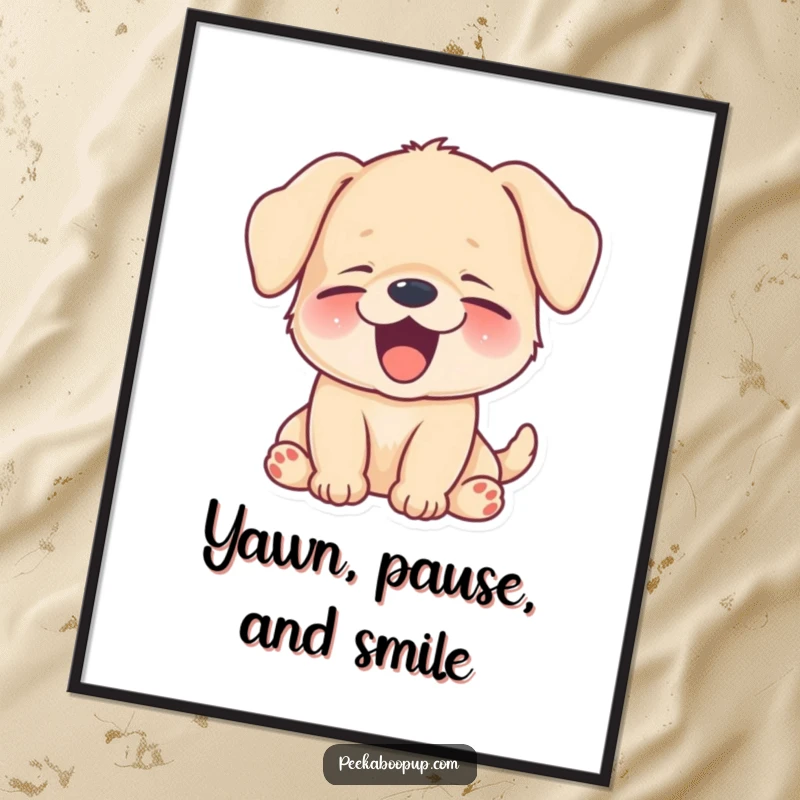 Funny Free Printable Wall Art: A puppy shows a huge, happy, sleepy yawn, radiating warmth and contentment.