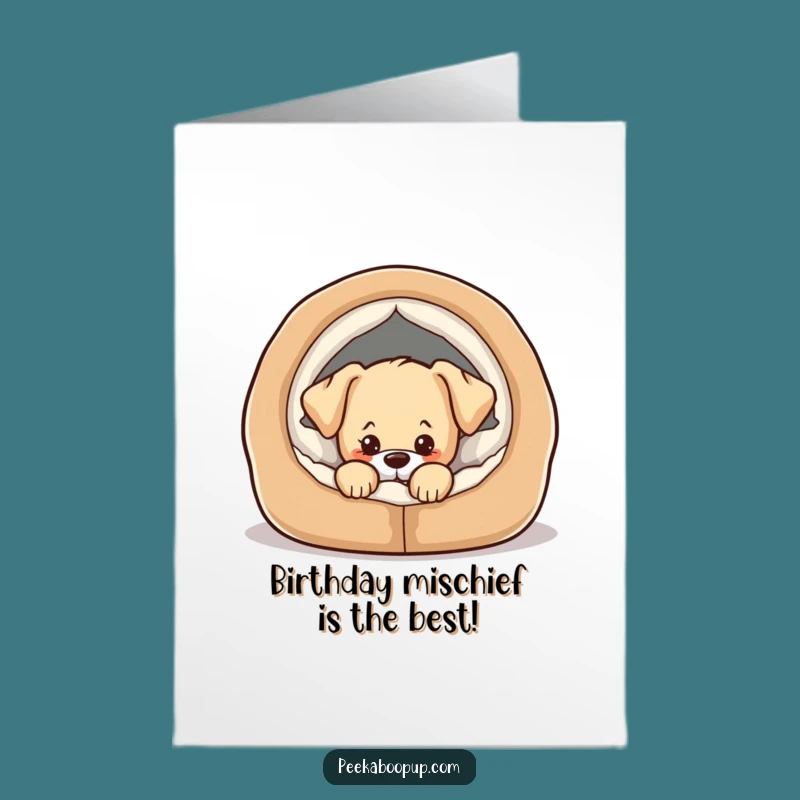 Free Printable Birthday Card: Mischievous Puppy in Bed, Funny Downloadable Surprise
