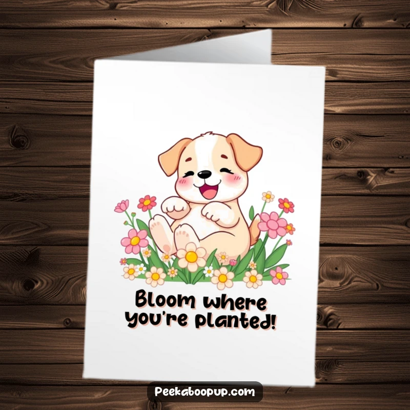 Funny Free Printable Birthday Card: A puppy gleefully rolls in vibrant cartoon flowers, spreading happiness.