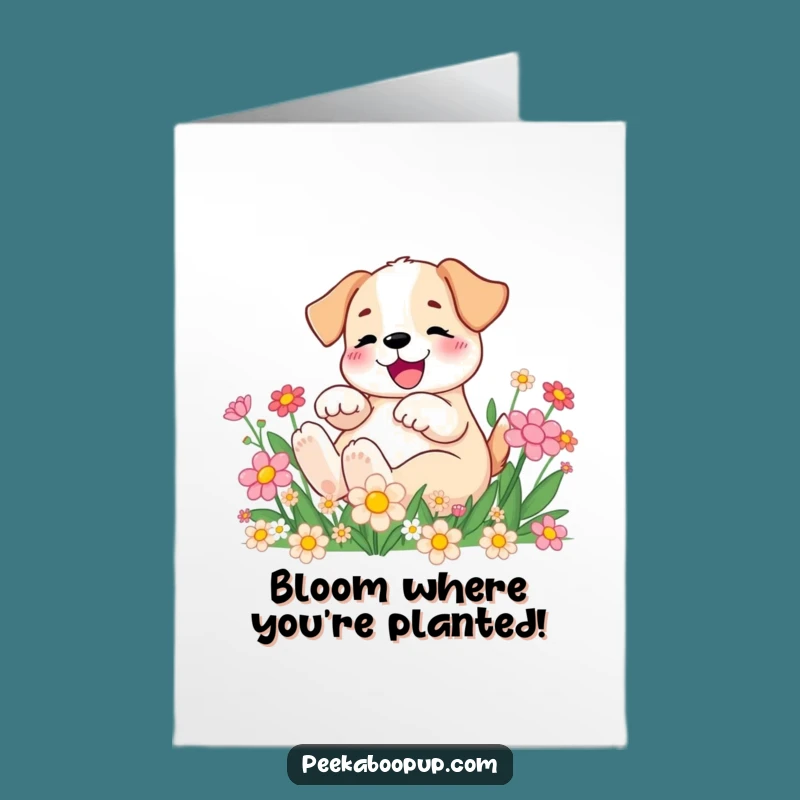 Free Printable Birthday Card: Happy Puppy in Flowers, Fun Downloadable Gift