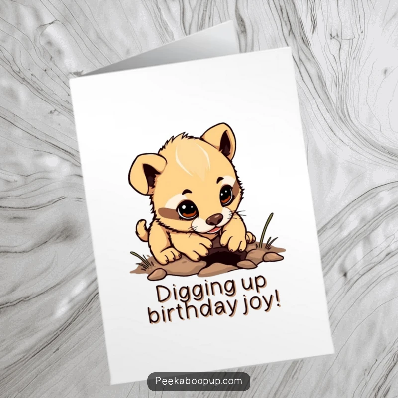 Funny Free Printable Birthday Card: A determined puppy cub is busy trying to dig a small hole.