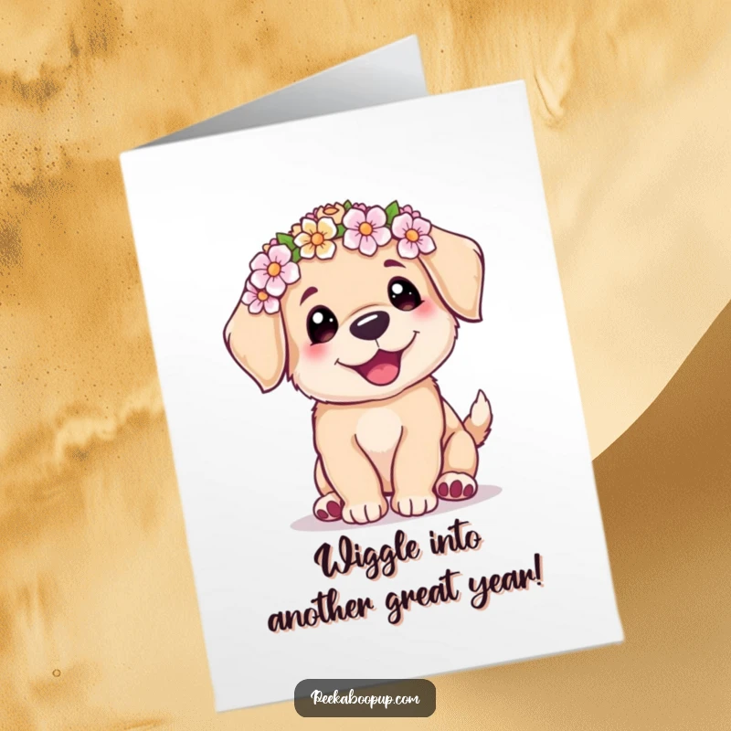 Funny free printable birthday card: cute puppy with flower crown doing a joyful wiggle, radiating happiness and charm.
