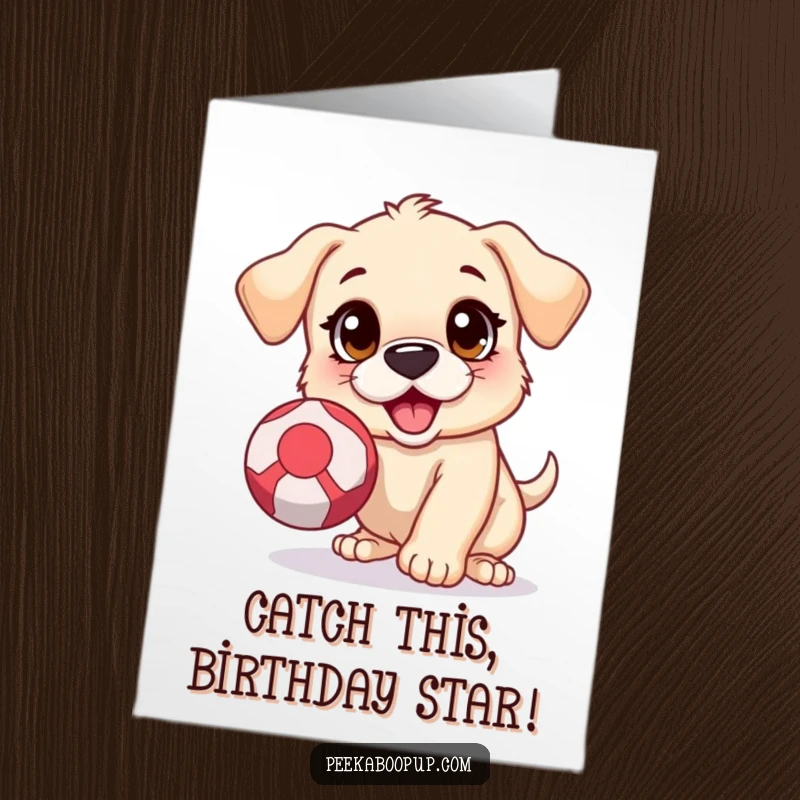 Funny Free Printable Birthday Card: An enthusiastic puppy with big eyes leaps to catch a bright, bouncing ball.
