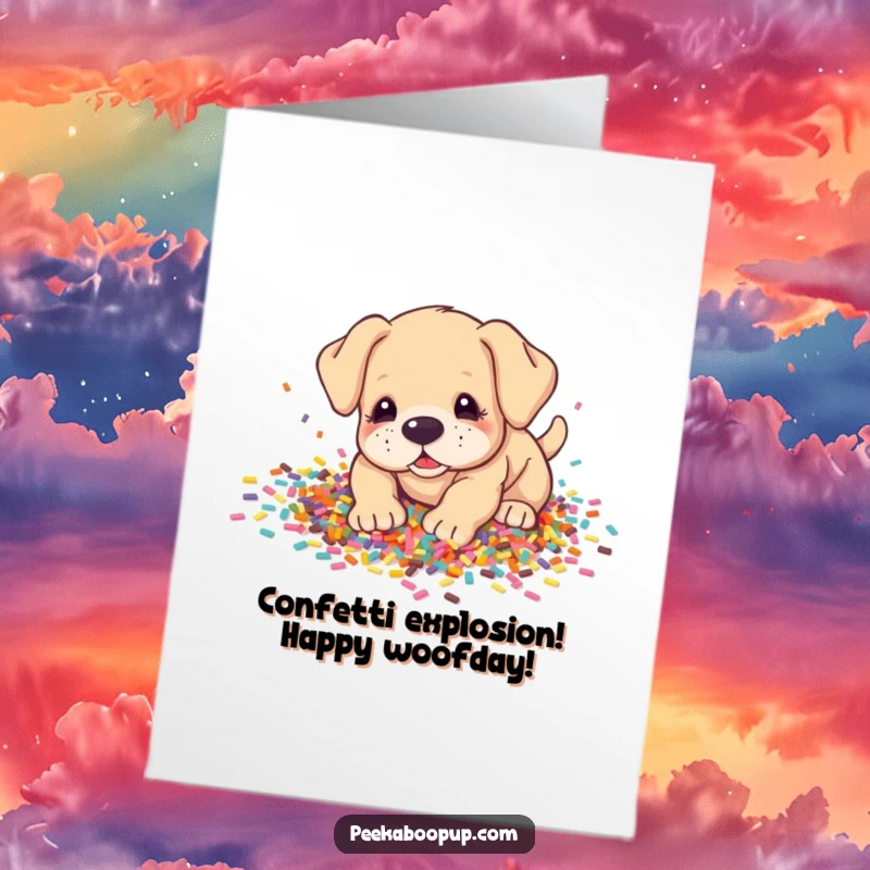 Funny Free Printable Birthday Card: Energetic puppy joyfully excavating a mountain of vibrant confetti, ready to celebrate.