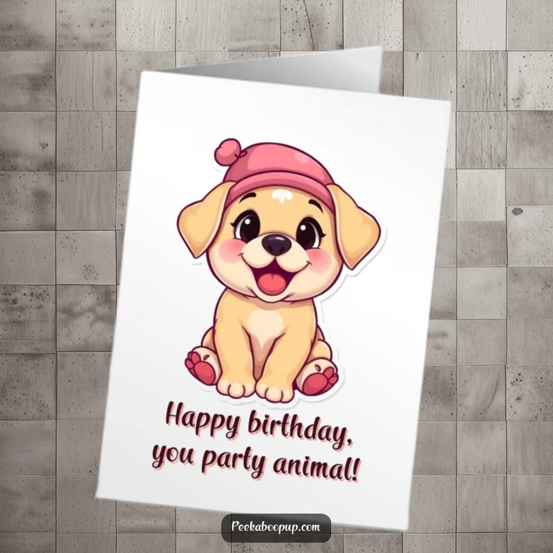 Funny Free Printable Birthday Card showing a playful puppy giggling uncontrollably while wearing a tiny party hat askew.