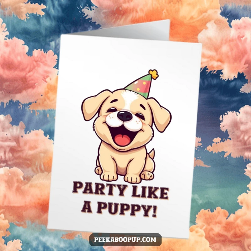 Funny Free Printable Birthday Card: A puppy wearing a party hat, enthusiastically barking with pure joy.