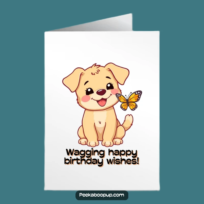 Free Printable Birthday Card: Puppy Butterfly Chase - Funny Downloadable Gift