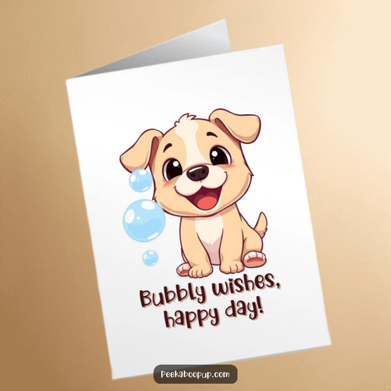Funny Free Printable Birthday Card: A cheerful puppy with a big smile, joyfully leaping to catch floating iridescent bubbles.
