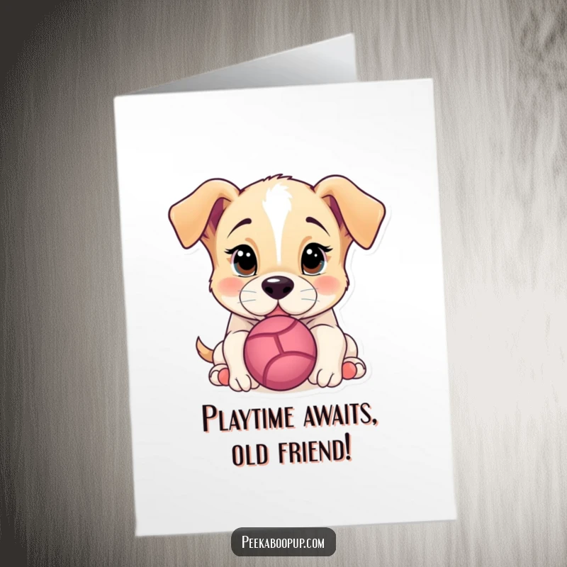 Funny Free Printable Birthday Card: Playful puppy with glinting eyes nudges a ball, ready for fun.