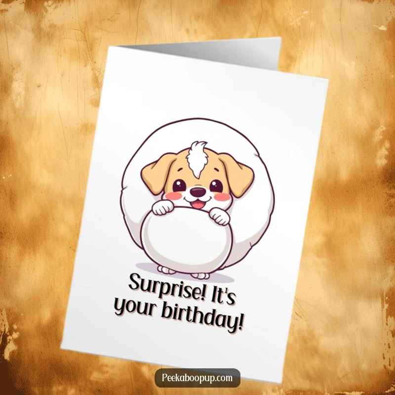 Funny Free Printable Birthday Card: A puppy peeks from behind a giant squeaky toy with eyes full of delight, ready for fun.