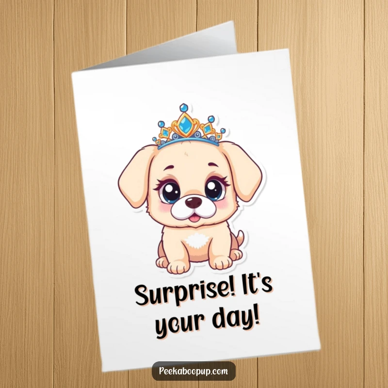 Funny Free Printable Birthday Card: A puppy wearing a tiara looks surprised with wide, curious eyes.