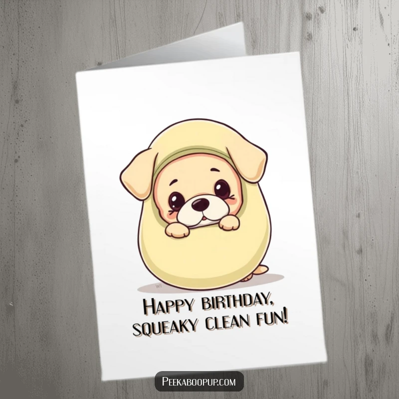 Funny Free Printable Birthday Card showing an adorable puppy playfully peeking from behind a giant squeaky toy.