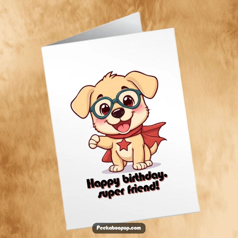 Funny Free Printable Birthday Card: A delighted puppy wearing a superhero cape strikes a goofy, heroic pose.