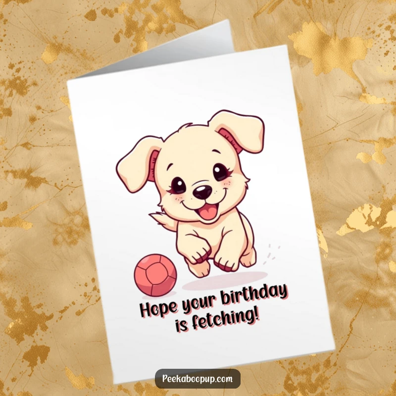 Funny Free Printable Birthday Card: A cute puppy with floppy ears joyfully chases a bright bouncing ball, full of energy.