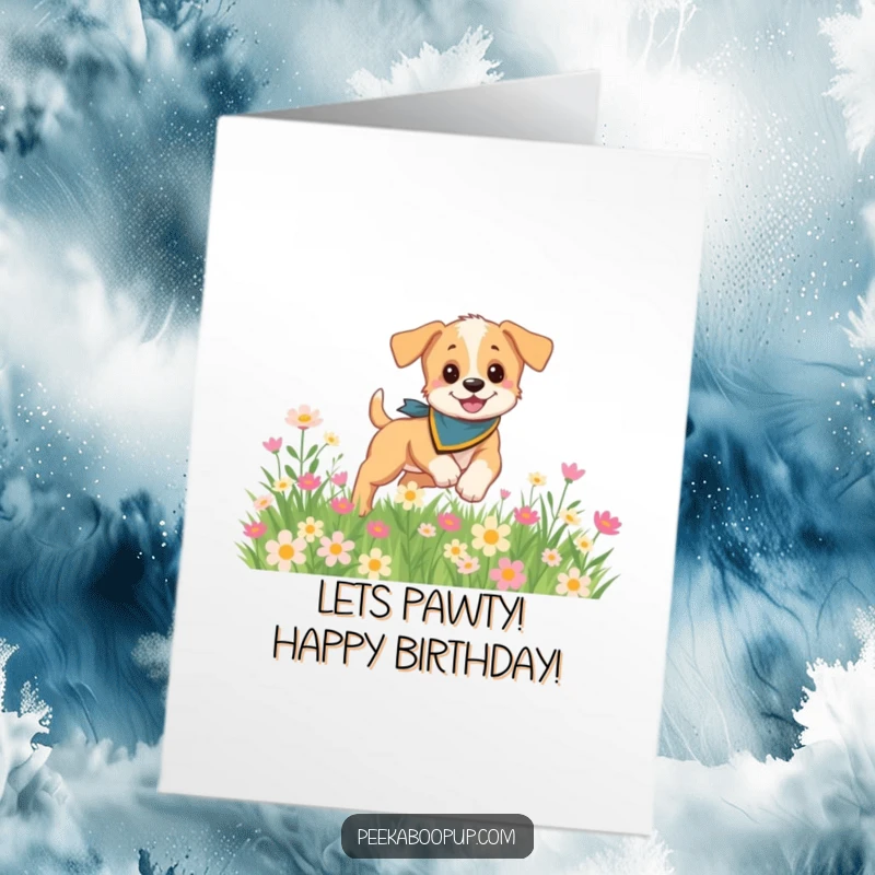 Funny Free Printable Birthday Card: A playful puppy in a bandana frolics happily in a vibrant field of colorful flowers.