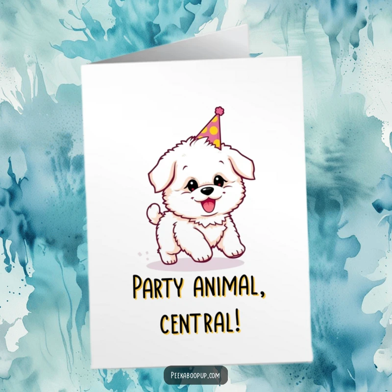 Funny Free Printable Birthday Card: Fluffy puppy wearing a party hat, hilariously chasing its tail in circles with glee.