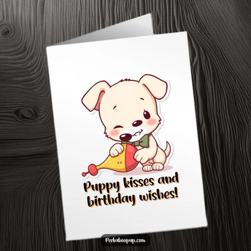 Funny Free Printable Birthday Card: Mischievous puppy in bowtie chews squeaky toy, offering hilarious birthday wishes.
