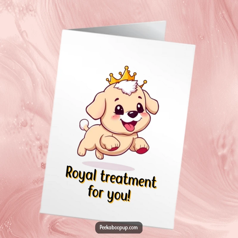 Funny Free Printable Birthday Card: A crowned puppy gleefully chasing its tail with a huge, happy grin.