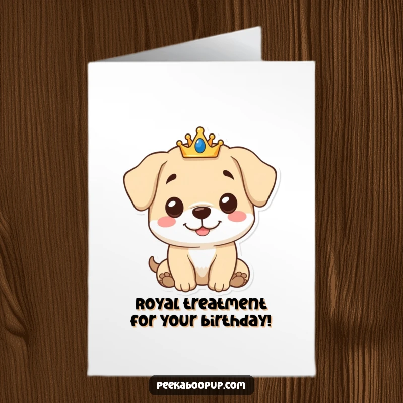 Funny Free Printable Birthday Card: A cute puppy with a gentle smile and a small crown sits regally, ready to celebrate.