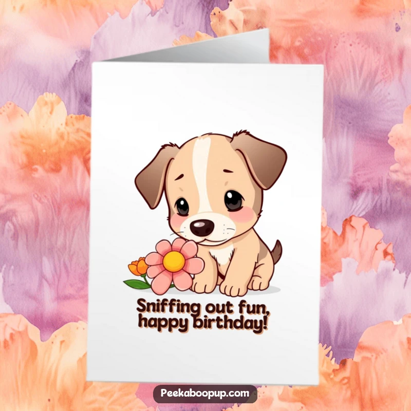 Free Printable Birthday Card: Cute puppy with an inquisitive expression gently sniffing a vibrant, colorful flower. Nature's discovery.