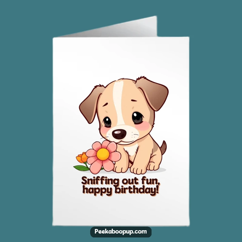 Free Printable Birthday Card: Curious Puppy Sniffing Flower, Downloadable Nature Fun