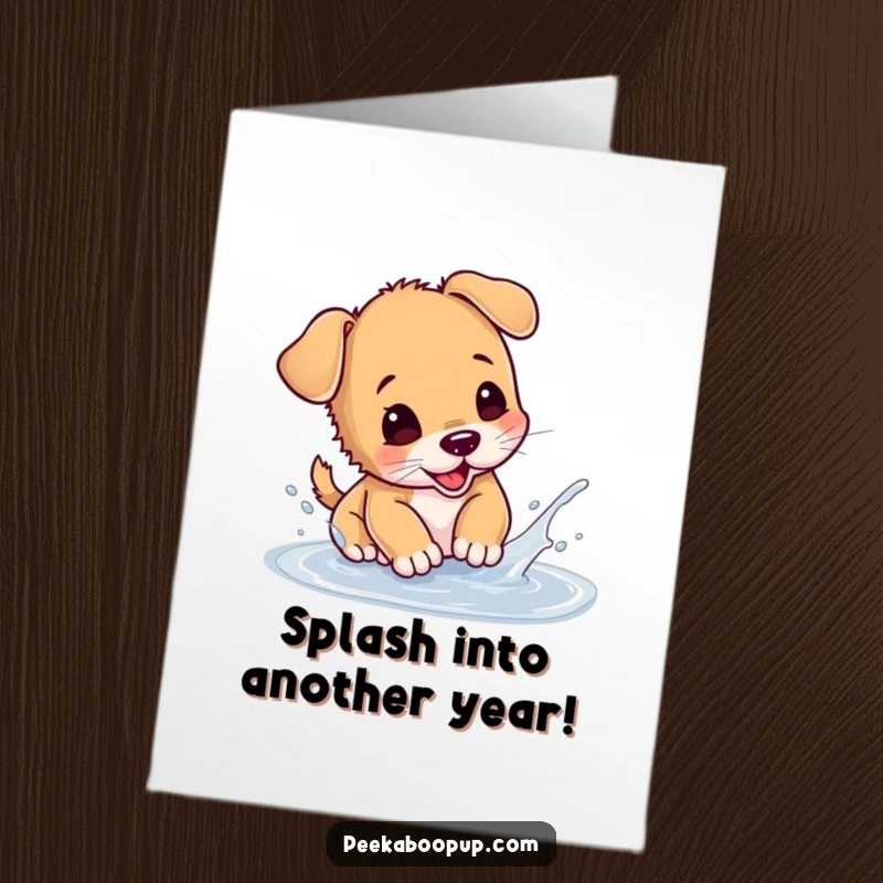 Funny Free Printable birthday card: A happy puppy joyfully splashing and playing enthusiastically in a small, glistening puddle.