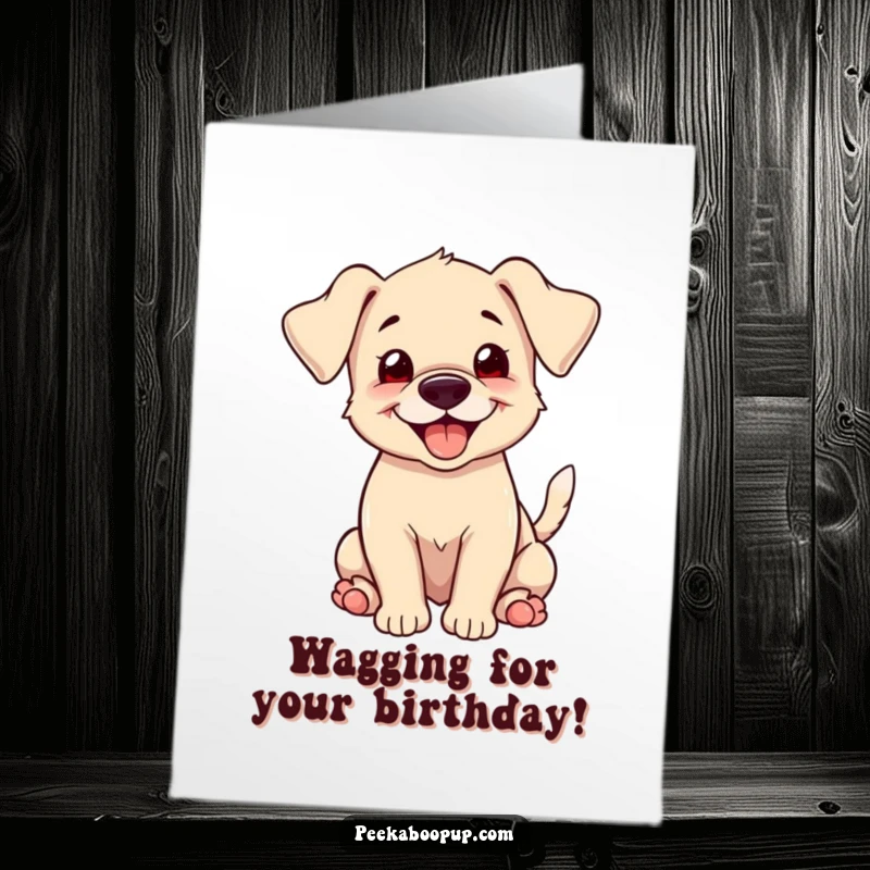 Funny Free Printable Birthday Card: A cute puppy with floppy ears wags its tail furiously with a huge happy grin, celebrating.