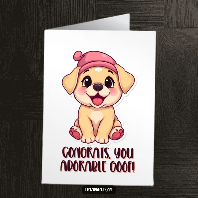 Funny Free Printable Congratulations Card featuring a giggling puppy in a slightly tilted tiny hat, full of mirth.