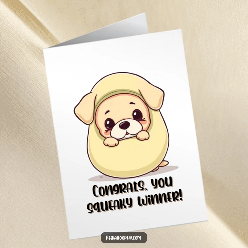 Funny Free Printable Congratulations Card where an adorable puppy peeks out from behind an comically oversized squeaky toy.