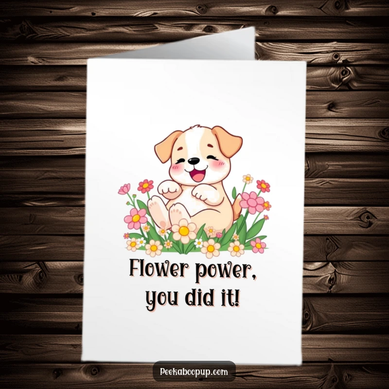Funny Free Printable Congratulations Card: A happy puppy dives into a field of colorful cartoon flowers with glee.