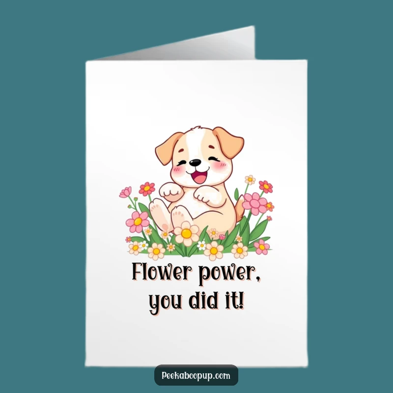 Free Printable Congrats Card: Joyful Puppy in Flowers, Awesome Downloadable Gift