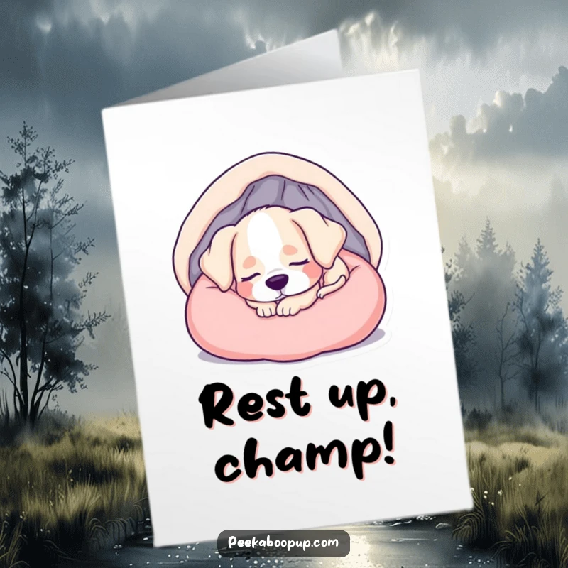 Funny Free Printable Congratulations Card: A content puppy sleeps soundly in a plush, cozy bed.
