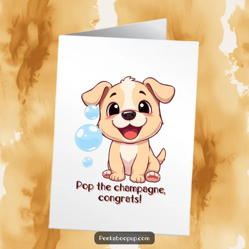 Funny Free Printable Congratulations Card: A happy puppy with its tongue out, playfully chasing and trying to catch shimmering soap bubbles.