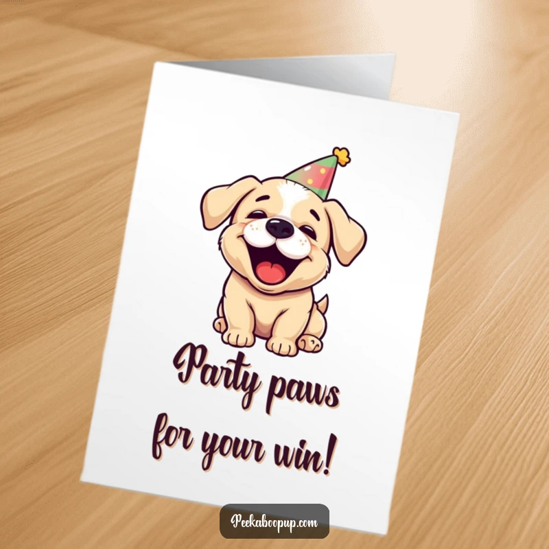 Free Printable Congratulations Card: A puppy in a party hat barking joyfully to celebrate success.