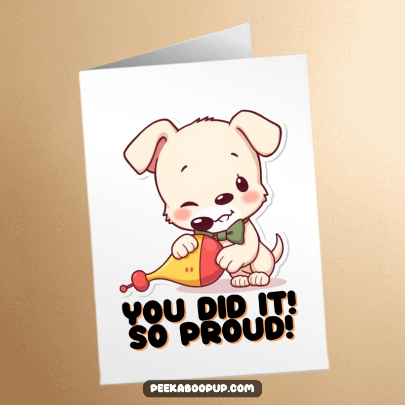 Funny Free Printable Congratulations Card: Naughty puppy with bowtie enjoys squeaky toy, celebrating success humorously.