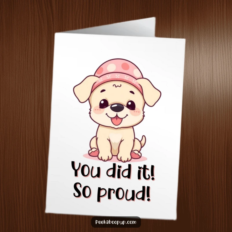 Funny Free Printable Congratulations Card: A cute puppy wearing a hat peeks out, inviting smiles and congratulations.