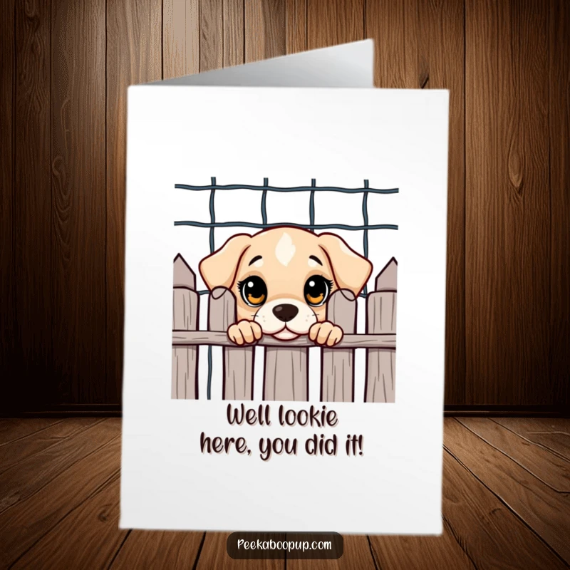 Funny Free Printable Congratulations Card: A curious puppy with big eyes peeks from behind a fence, celebrating wins.
