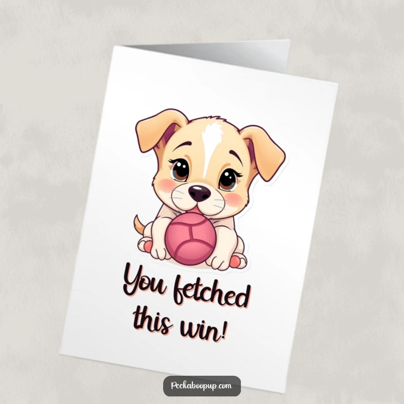 Funny Free Printable Congratulations Card: Adorable puppy playfully nudges a ball, celebrating your big win.