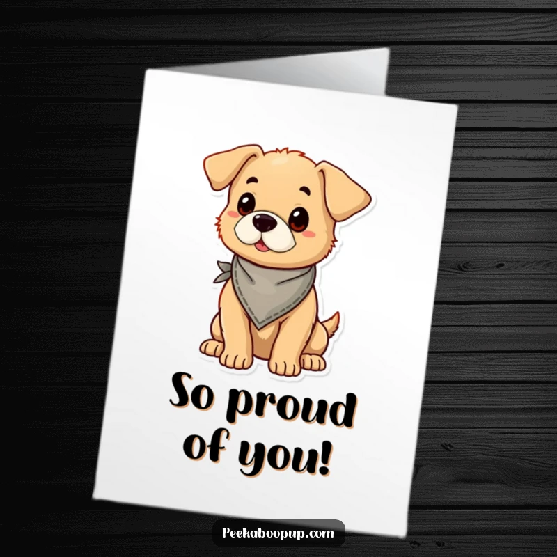 Funny Free Printable Congratulations Card: A puppy wearing a tiny bandana stands proudly, celebrating a major achievement.