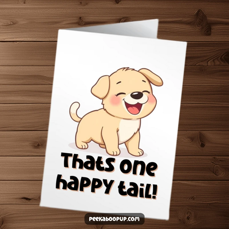 Funny Free Printable Congratulations Card: A giggling puppy comically chasing its wagging tail, celebrating a big win.