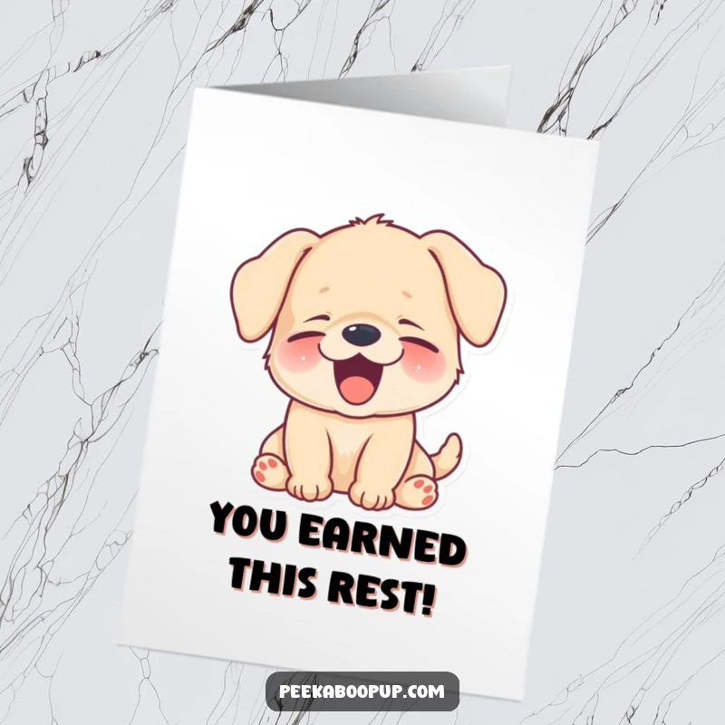 Funny Free Printable Congratulations Card: A puppy yawns widely with a happy, sleepy expression, celebrating joyfully.