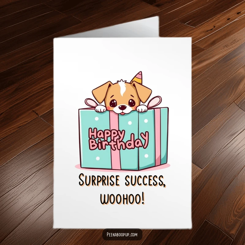 Funny Free Printable Congratulations Card: A cute puppy playfully peeking out from a gift box, ready to celebrate with you.