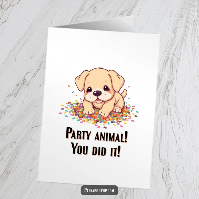 Funny Free Printable Congrats Card: Exuberant puppy joyfully digging through a colorful confetti explosion, celebrating success.