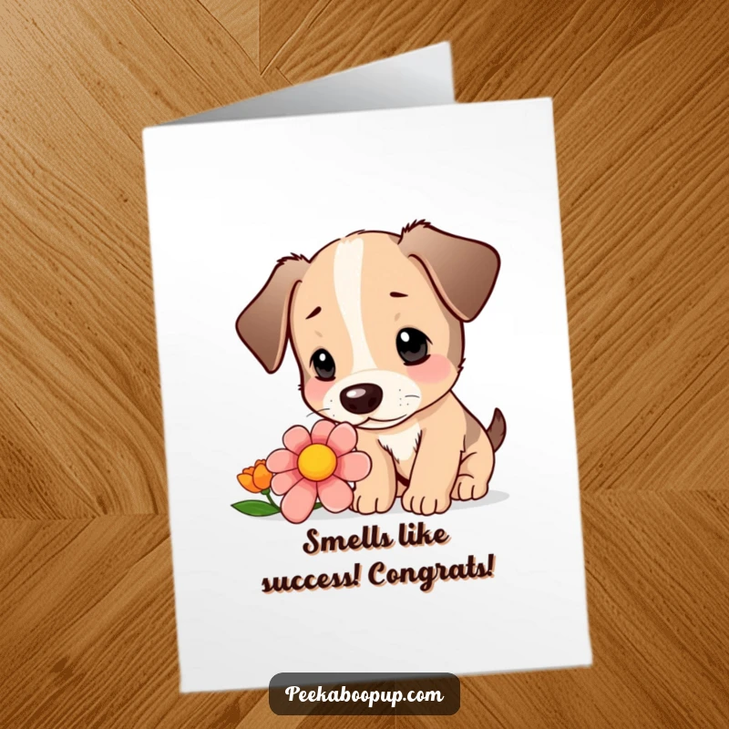 Free Printable Congratulations Card: An intrigued puppy with floppy ears curiously sniffing a bright, multi-colored flower. Celebrating discovery and success.