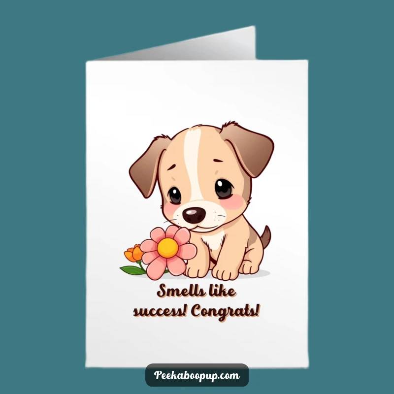 Free Printable Congratulations Card: Puppy's Flower Sniff Celebrates, Downloadable Joy